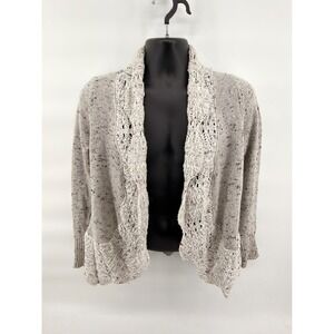 Boutique Confetti Knit Cardigan Sweater Small Gray Pink Speckled Lace Trim‎ Open